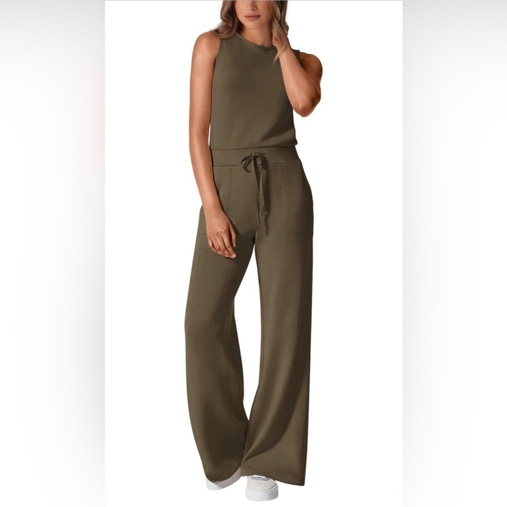 Jumpsuit Womens Olive Green Stretch Elastic Drawstring Waist Pockets Size S